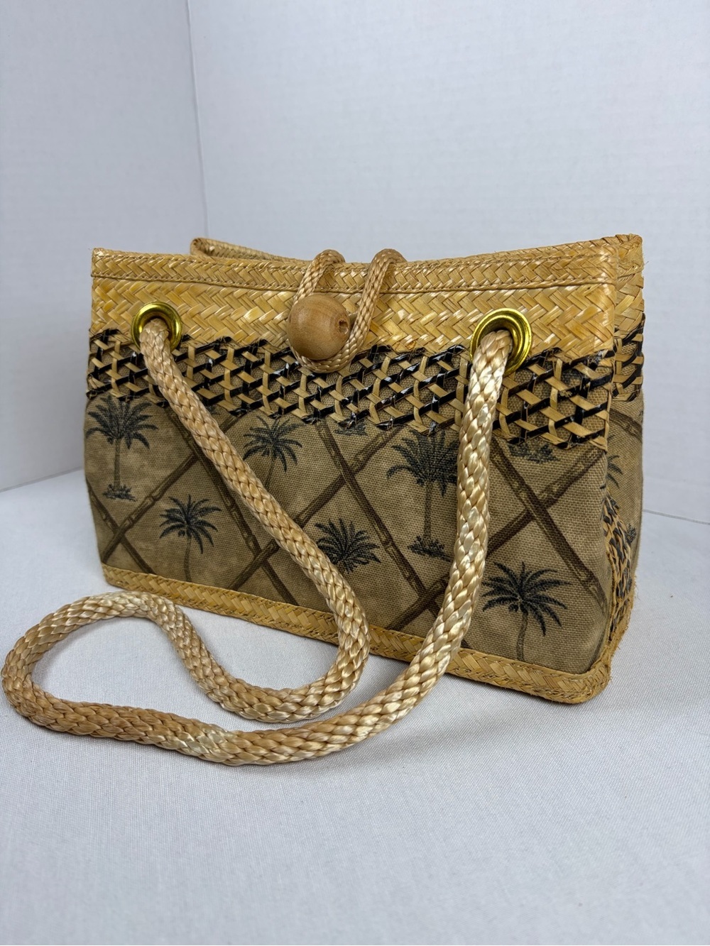Vintage Bahamian Handcrafted Straw Tote Palm Tree Beach Resort Purse Bahamas